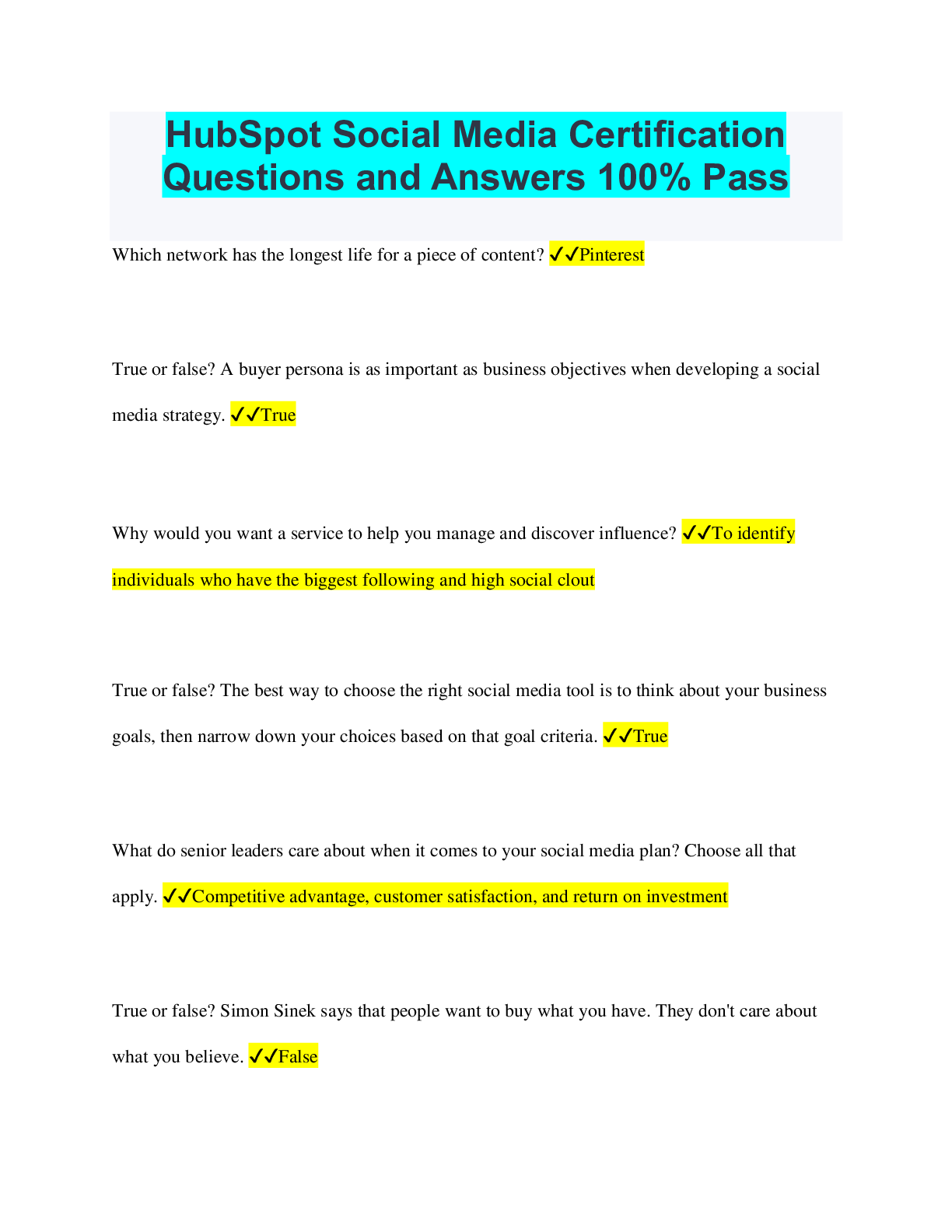 Preview of HubSpot Social Media Certification Questions and Answers 100% Pass